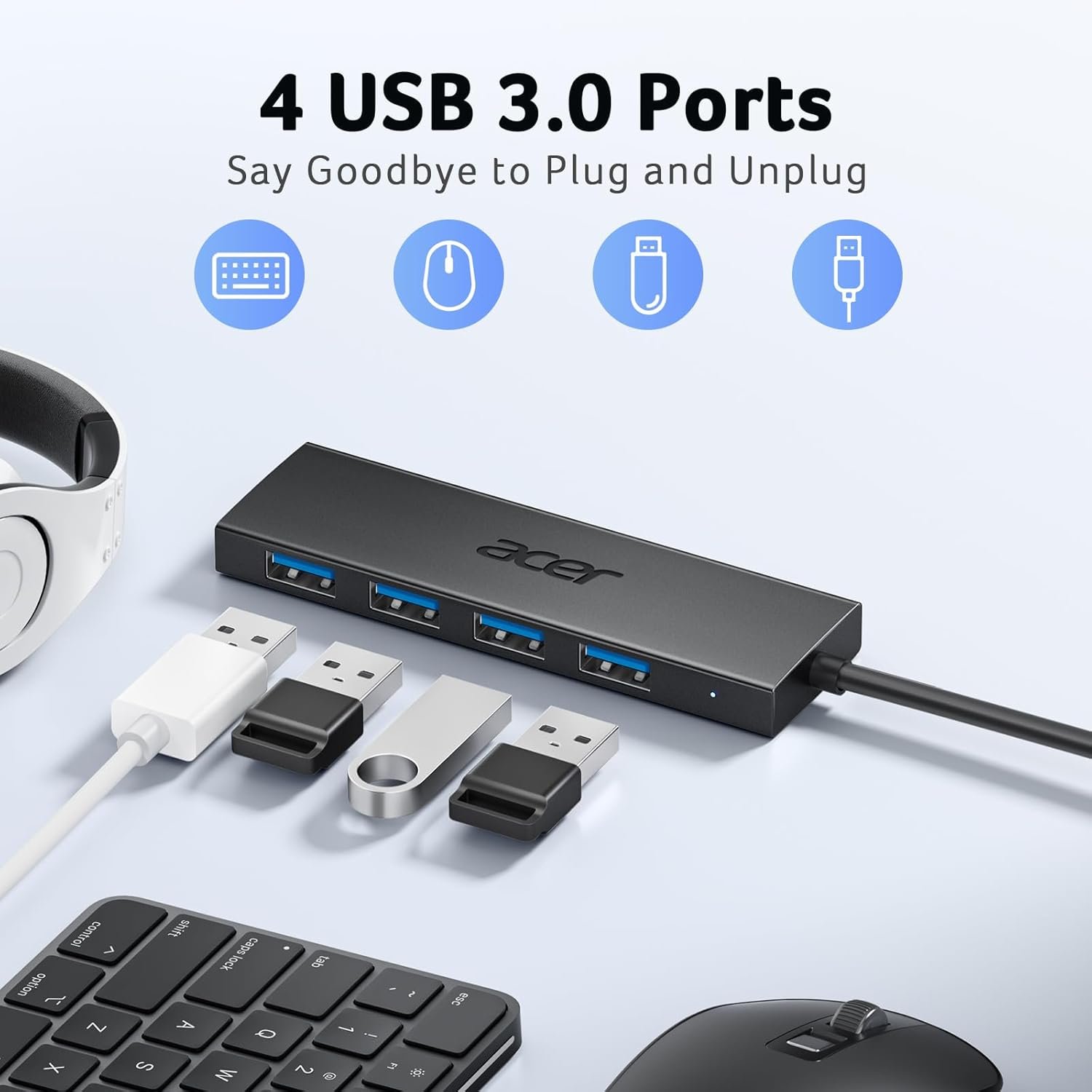 Acer USB Hub 4 Ports, Multiple USB 3.0 Hub, USBA Splitter for Laptop with Type C Power Port, Extender for A Port Laptop, PC, Desktop and More (2ft) - Image 3