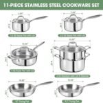 3 Ply Stainless Steel 11-Piece Cookware Set with Lids, Pots and Pans Kitchen Set, Non-Toxic, Induction, Oven, Dishwasher Safe, Professional Chef Quality - Image 3