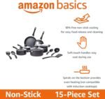 Amazon Basics Non Stick Kitchen Cookware 15-Piece Set, Non-Induction, Includes Pots, Pans, and Utensils, Black - Image 3
