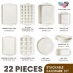Kikcoin 22 PCS Nonstick Baking Pans Set, Stackable Bakeware Sets with Silicone Handles, 450°F Oven Safe Baking Sheet Set, Easy Release Cookie Sheets for Baking, Cream - Image 3