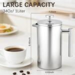 CAOANTRY French Press Coffee Maker, 304 Grade Stainless Steel French Press with 2 Extra Filters for Home, Office, Travel, Camping - 34OZ/1 Litre (Sliver) - Image 3