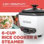 BLACK+DECKER Rice Cooker 6-Cup (Cooked) with Steaming Basket, Removable Non-Stick Bowl, White - Image 3