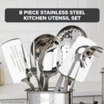 Viking Kitchen Utensils Set, 8 Piece Stainless Steel Cooking Utensil Set, Includes Spatulas, Spoons, Pasta Fork, Deep Ladle, Meat Fork, and Skimmer, Silver - Image 3