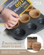 Bake Choice 2 Pack Muffin Pan for Baking, Standard Cupcake Pan includes 100 Natural Cupcake Liners, Muffin Tin Nonstick 12 Cup, Baking Pans Set, Carbon Steel Baking Supplies - Image 3