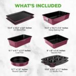NutriChef 8-Piece Nonstick Stackable Bakeware Set - PFOA, PFOS, PTFE Free Baking Pan Set w/Non-Stick Coating, 450°F Oven Safe, Round Cake, Loaf, Muffin, Wide/Square Pans, Cookie Sheet (Plum) - Image 4