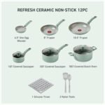 T-Fal Refresh Ceramic Nonstick Cookware Set, Oven Safe Up to 350ºF, 12-Piece, Includes Stockpot, Griddle, Frying Pans, Utensils, Ceramic Pots and Pans Set, Mint Green - Image 3