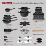 Kikcoin Pots and Pans Set Non Stick 31 Piece Kitchen Nonstick Cooking Cookware Sets with Grill Pan Saucepan Baking Sheet Utensil, Black - Image 3