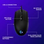 Logitech G203 Wired Gaming Mouse, 8,000 DPI, Rainbow Optical Effect LIGHTSYNC RGB, 6 Programmable Buttons, On-Board Memory, Screen Mapping, PC/Mac Computer and Laptop Compatible - Black - Image 4