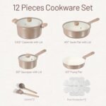 CAROTE 12Pcs Ceramic Pots and Pans Set Non Stick, Healthy Cookware Set, PFAS/PFOA Free, Kitchen Cooking Set with Frying Pans, Taupe - Image 3