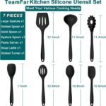 TeamFar Silicone Cooking Utensil Set of 7, Black Kitchen Nonstick Tools Turner Spoon Spatula Ladle Pasta Server for Nonstick Cookware, Healthy & One-Piece, Anti-Heat & Dishwasher Safe - Image 3
