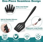 TeamFar Silicone Cooking Utensil Set of 7, Black Kitchen Nonstick Tools Turner Spoon Spatula Ladle Pasta Server for Nonstick Cookware, Healthy & One-Piece, Anti-Heat & Dishwasher Safe - Image 4