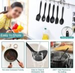 TeamFar Silicone Cooking Utensil Set of 7, Black Kitchen Nonstick Tools Turner Spoon Spatula Ladle Pasta Server for Nonstick Cookware, Healthy & One-Piece, Anti-Heat & Dishwasher Safe - Image 5