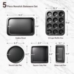 Baking Pans Set, 5-Piece Nonstick Bakeware Sets with Round/Square Cake Pan, Muffin Loaf Roast Pan, Baking Sheets for Oven, Kitchen Cookware Sets Baking Tray Baking Supplies, Black - Image 3