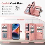 TwoHead Wallet Case Compatible with iPhone 17,Detachable,Magnetic,11 Cards Holder,PU Leather All-Round Protective Phone Case with Change Pocket(6.3 in,Pink) - Image 4