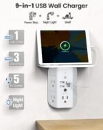Mifaso 3-Sided Multi Plug Power Strip, Wall Extender with Shelf, Night Light & Surge Protector, USB Wall Charger with 5 AC Wide Space Outlets and 3 USB & 1 C Port, White - Image 3