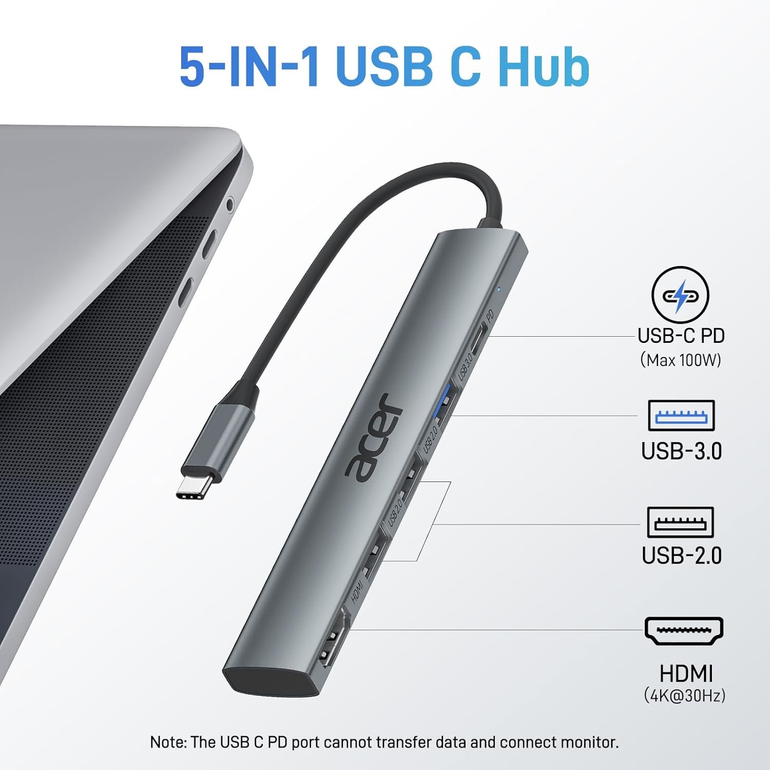 Acer 5 in 1 USB C Hub with 4K HDMI, 100W Power Delivery, 3 USB A Data Ports, USB C to HDMI Multiport Adapter for Laptop, PC, Tablet, MacBook Air, iPad Air, iMac, iPhone 15/16 Pro/Pro Max - Image 3