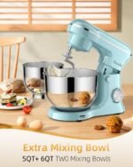 Tilt-Head Stand Mixer, 5QT+6QT Stainless Steel Two Bowls, 10 Speeds Kitchen Electric Food Mixer with Egg Whisk, Dough Hook, Beater, Dishwasher-Safe Attachment (Blue) - Image 4