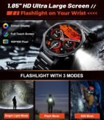 Military Smart Watch for Men, 1.85'' HD Large Screen Smartwatch, 800mAh/LED Flashlight/IP68 Waterproof/Pedometer/100+ Sports Fitness Tracker, Mens Smart Watches for Android iOS Compatible - Image 4