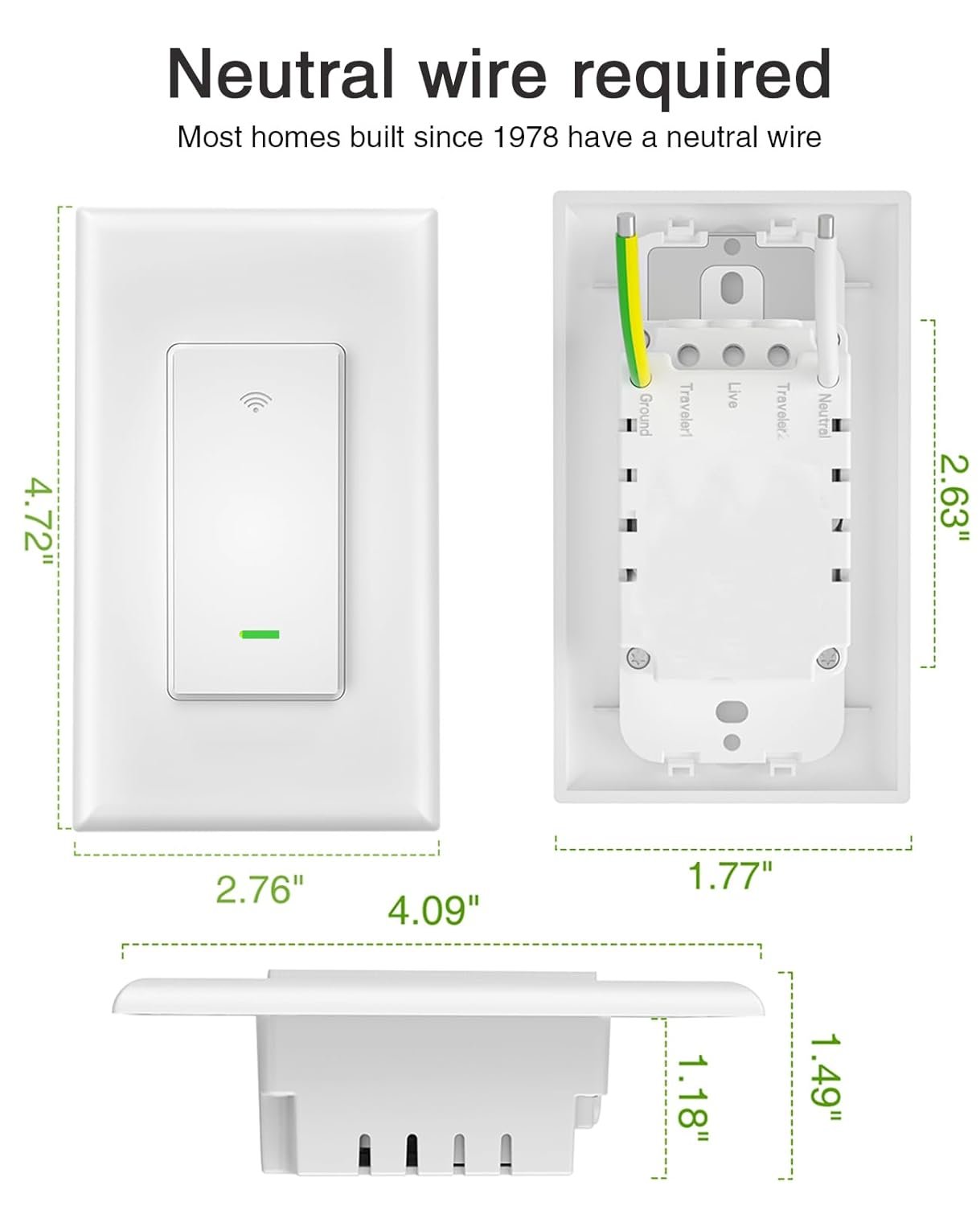 GHome Smart Switch, 3 Way Wi-Fi Light Switch Compatible with Alexa and Google Home, 2.4GHz Schedule Timer, Neutral Wire Required, 3-Way Installation, FCC Listed (4-Pack), White - Image 6