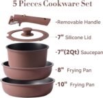CAROTE 5pcs Pots and Pans Set Non stick,Cookware Set Detachable Handle,kitchen essentials,RV kitchen pot and pan,Induction Cookware,Oven Safe,PFOA PFOS FREE,Burgundy - Image 3