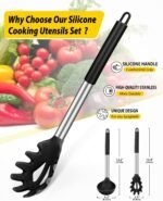 Silicone Pasta Fork and Ladle Spoon Set, Large Non Stick Kitchen Utensils for Cooking,Stirring,Serving Spaghetti, Soup, Sauce (BLACK) - Image 3