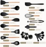 Kitchen Utensils Set - 34 PCS Non-Stick Silicone Cooking Utensils Set Spatula Set with Holder, Wooden Handle Spoon,Brush,Whisk Kitchen Gadgets Tools Set for Nonstick Cookware (Black-34P) - Image 5