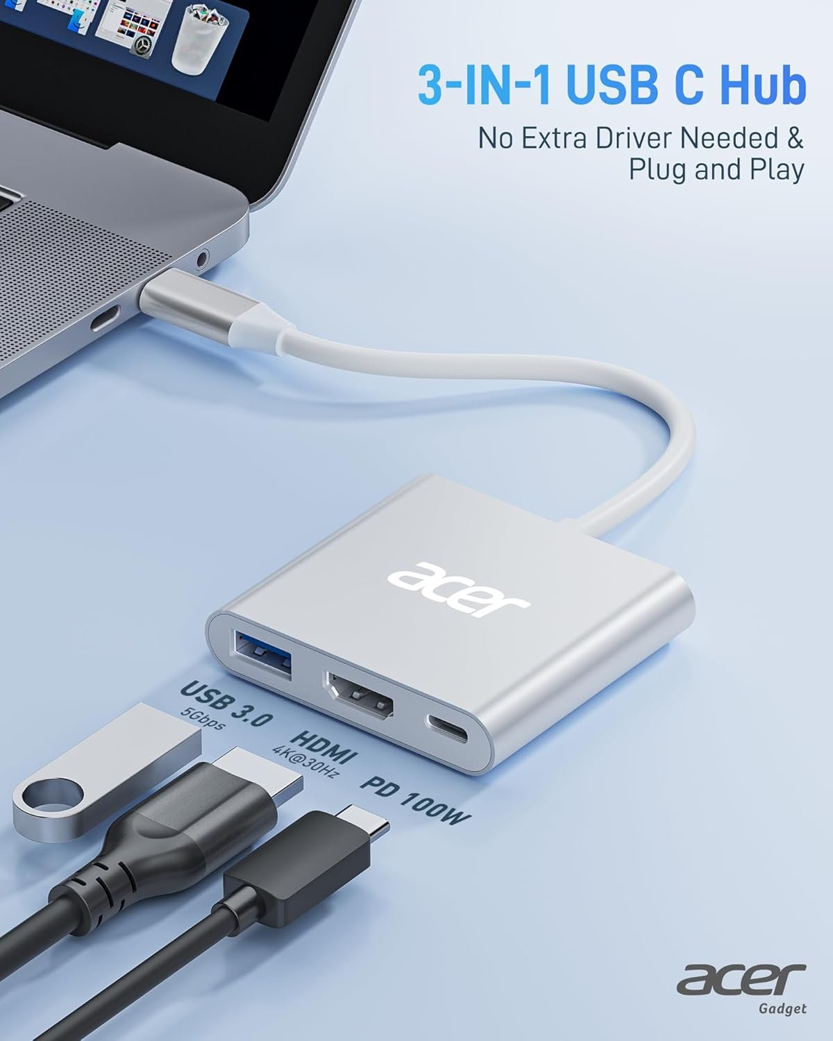 Acer USB C to HDMI Adapter, 4K USB C Hub with 100W PD, USBA 3.0 Port, HDMI to USBC Multiport Digital AV Converter for MacBook Pro/Air, iPad, Tablets, TV, Monitor and More (Silver) - Image 3