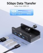 USB Hub 3.0, 5Gbps Clamp USB Hub for Desk/Monitors with Extra Power Supply Port, 3 USB-A Data Ports, USB-C Data Port for iMac Pro/iMac (Black) - Image 3