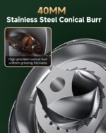 Conical Burr Coffee Grinder with 40mm Stainless Steel Burr, 34 Grind Settings & Anti-Static, Electric Espresso Grinder for Home Use - Image 4