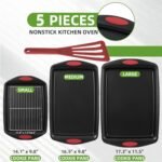 5-Piece Nonstick Baking Pans Set - Premium Carbon Steel Bakeware with PFOA/PFOS/PTFE-Free Coating, Red Silicone Handles (Black Red) - Image 3