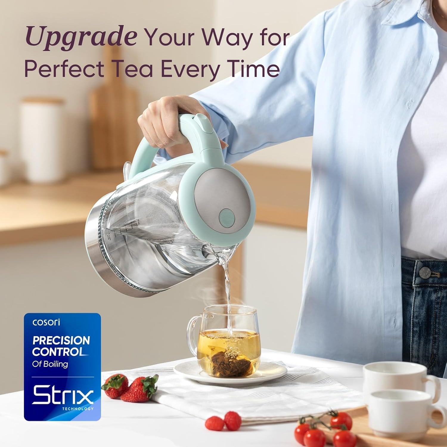 Cosori Electric Kettle, No Plastic Filter & Spout, Tea Kettle & Hot Water Boiler For Coffee & Tea, Water Heater & Teapot, Automatic Shut Off, Borosilicate glass, Green, 1.7L/1500W - Image 3