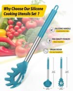 Silicone Pasta Fork and Ladle Spoon Set, Large Non Stick Kitchen Utensils for Cooking,Stirring,Serving Spaghetti, Soup, Sauce (BLUE) - Image 3