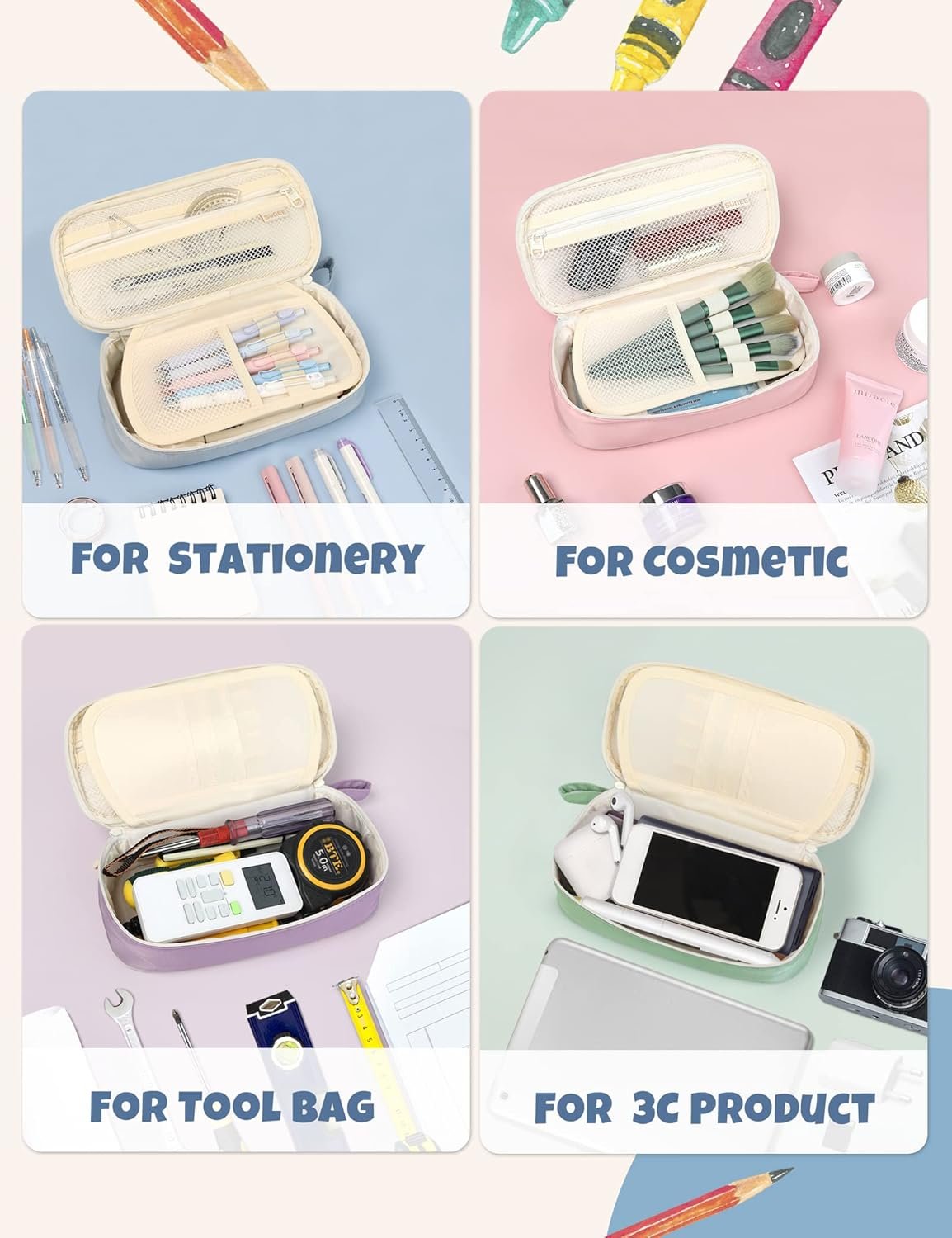 SUNEE Cute Pencil Case, Aesthetic Pen Pouch, Colored Large Pencil Bag with Zipper, Kawaii Stationery Storage and Organizer, School Supplies for Teen and Adult Girls, Blue - Image 4