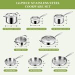 Triple Ply Stainless Steel Pots and Pans Set, EWFEN 12 Piece Induction Cookware Set, Oven Dishwasher Safe | Frying Pans, Saucepans, Saute Pan & Stock Pot, PFOA Free Kitchen Skillet - Image 3