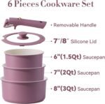 CAROTE 6pcs Nonstick Sauce Pan Sets with Lid 3 Sizes（1.5QT, 2QT & 3QT）, Non Stick Cooking Pot with Detachable Handle, Kitchen Sauce Pots Induction Pot, PFOA FREE, Dishwasher Safe, Purple - Image 3