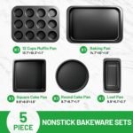 5 Pieces Baking Pans Set, Nonstick Baking Sheet Tray Oven Pans Bakeware Set, Baking Supplies with Round/Square Cake Pan, Muffin Pan, Loaf Pan, Roast Pan, Stackable Baking Sets for Cooking - Image 3