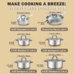 Cook N Home Kitchen Cookware Sets, 12-Piece Basic Stainless Steel Pots and Pans, Silver - Image 3
