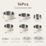 CAROTE 14pcs Pots and Pans Set, Stainless Steel Cookware Set Detachable Handle, Induction Kitchen Cookware Sets with Removable Handle, RV Cookware Set, Oven Safe, Camping Cookware, White - Image 3