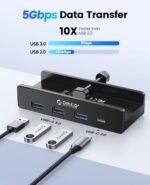 ORICO USB Hub 3.0, Clamp USB Hub with Extra Power Supply Port, Aluminum 4-Port USB Adapter with 3 USB-A Data Ports, USB-C Port for Monitors, Desks (Black) - Image 3