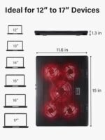 Kootek Laptop Cooling Pad, Laptop Cooler with 5 Quiet Fans for 12"-17" Computer PC Notebook Gaming Laptop Fan, Height Adjustable Laptop Cooling Stand Laptop Accessories, Red - Image 5
