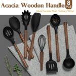 Silicone Cooking Utensil Set, Umite Chef 8-Piece Kitchen Utensils Set with Natural Acacia Wooden Handles,Food-Grade-Silicone Kitchen Gadgets Spatulas Set for Nonstick Cookware- Black - Image 3