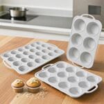 3Pcs Silicone Muffin Pan 6, 12 and 24 Cup with Metal Frame, Non Stick Jumbo Cupcake Pan with Handles, BPA Free Silicon Mini Muffin Tin Regular Tray For Baking,Egg Bites,Mold Light Grey - Image 2