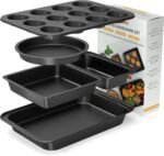 5 Pieces Baking Pans Set, Nonstick Baking Sheet Tray Oven Pans Bakeware Set, Baking Supplies with Round/Square Cake Pan, Muffin Pan, Loaf Pan, Roast Pan, Stackable Baking Sets for Cooking - Image 2