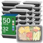 50 Pack (100-Piece) 32 oz Meal Prep Containers Reusable with Easy Open Lids, Sturdy Leakproof Food Safe, Microwave Freezer Dishwasher Safe, To Go Take Out Plastic Food Storage Pans with Lids, Black - Image 2