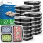 50 Pack (100-Piece) 32 oz Meal Prep Containers Reusable with Lids 3-Compartment, To Go Take Out Plastic Food Storage Containers, Sturdy Leakproof Food Safe, Microwave Freezer Dishwasher Safe, Black - Image 2