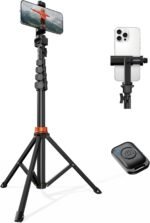 66" Phone Tripod, Tripod for iPhone with Remote & Ultimate Phone Mount, Extendable Selfie Stick Cell Phone Tripod Stand for Video Recording, Compatible for iPhone/Android/Camera, Light Stand - Image 2