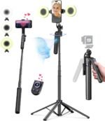 71” Auto Face Tracking Tripod for iPhone with Light,360° Rotating Phone Stand with Rechargeable Remote Control for TikTok Vlog Video Recording, Phone Tripod for Android Camera/GoPro/Ring Light - Image 2