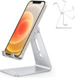 Adjustable Cell Phone Stand, OMOTON Aluminum Desktop Cellphone Stand with Anti-Slip Base and Convenient Charging Port, Fits All Smart Phones, Silver - Image 2