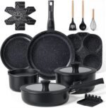 Ammeloo 21-Piece Ceramic Pots and Pans Set Non Stick with Detachable Handles and Egg Frying Pan, Non-Toxic Cookware, Induction Ready, Oven Safe, Stackable for Storage, Black Speckled - Image 2