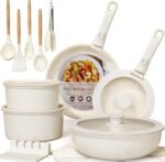 Astercook Ceramic Non-stick Cookware 21 Pcs Pots and Pans Set, Detachable Handle, RV Kitchen Non Stick Cooking Set Removable Handles, Oven Safe, Induction Ready, Stackable, Cream White - Image 2